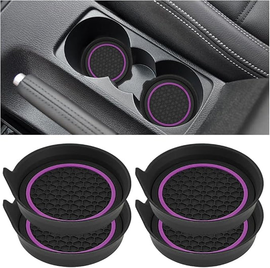 HZEL Car Cup Holder Coasters, 4PCS Non Slip Waterproof Vehicle Water Bottle Pads, Recessed Automotive Interior Drink Mat Decoration Accessories, Universal for SUV Sedan Truck (Purple/Black)