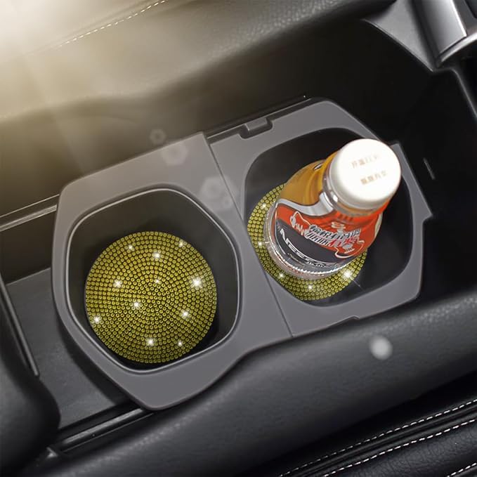 Osilly Bling Car Cup Holder Coaster, 2 Pack Crystal Rhinestone Anti-Slip Insert Coasters, Universal 2.75 Inch Fashion Automotive Cup Mat, Car Interior Accessories Decor Gifts for Women (Yellow)