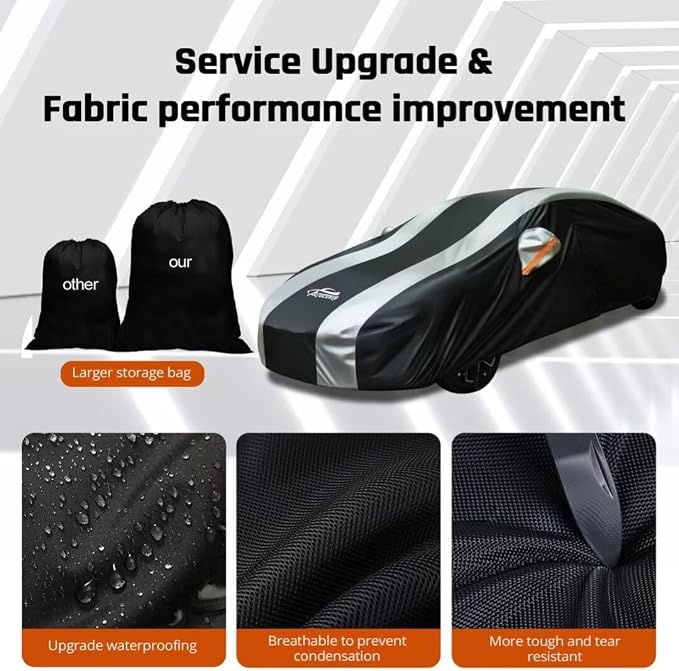 Waterproof Car Cover with Silver Stripe Design,Outdoor/Indoor Car Cover for Automobiles All Weather Waterproof Universal Fit Audi A8, Lexus LS, Jaguar XJ,Benz S-Class, BMW 7 Series