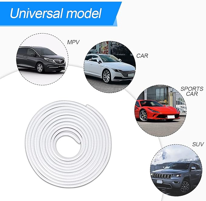 16FT Car Door Edge Guards, U Shape No Glue Trim, White | Universal fit, most cars/SUVs/trucks, rubber seal, press-on channel, no glue, check thick strips, exterior accessories