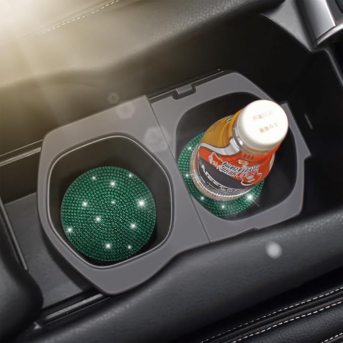 Osilly Bling Car Cup Holder Coaster, 2 Pack Crystal Rhinestone Anti-Slip Insert Coasters, Universal 2.75 Inch Fashion Automotive Cup Mat, Car Interior Accessories Decor Gifts for Women (Green)