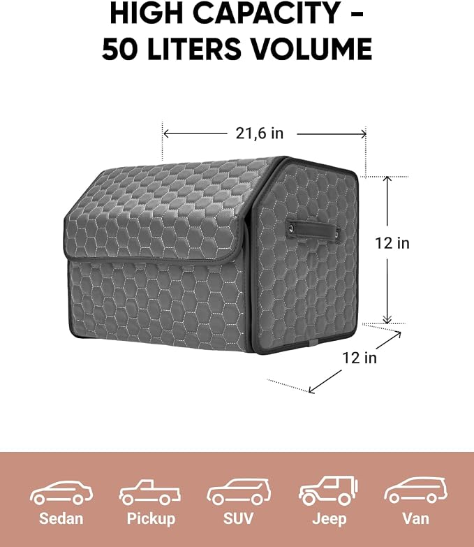 Owleys Foldable Trunk Organizer For Car - Trunk Organizers Car Storage - Collapsible Auto Trunk Organizer With Lid - Small And Large Cargo Organizer - Trunk Organization (Gray 21)
