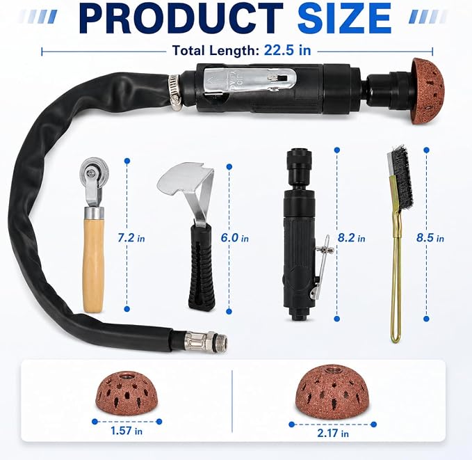 Air Tire Repair Polish Patch Kit Heavy Duty - Includes 2500RPM Air Tire Buffer, Tire Inner Liner Scraper, 4 Tungsten Steel Buffing Wheel, Patch Roller, & Wire Brush - Professional Tire Patch Tools