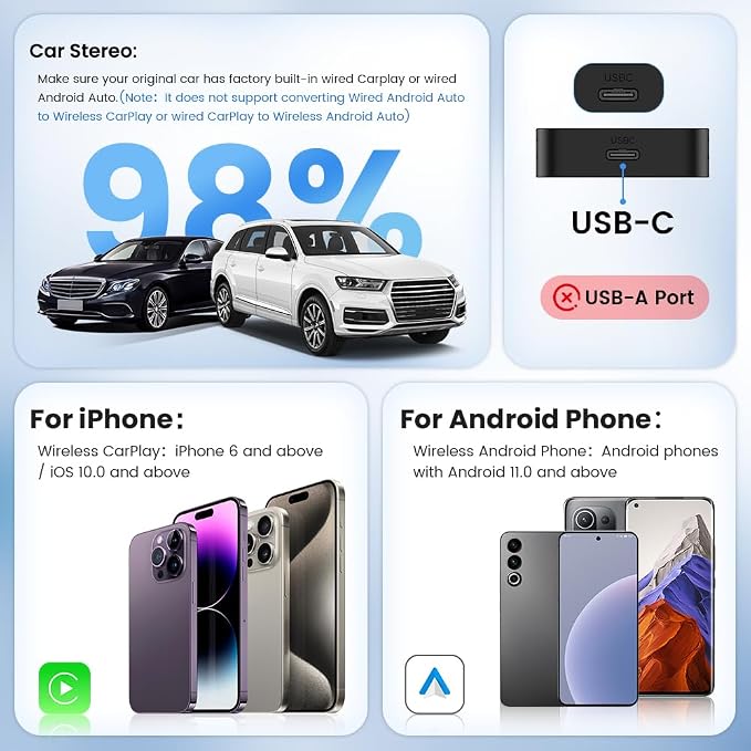Carlinkit 5.0 2air Wireless car Adapter,CarPlay Dongle for Wired CarPlay and Wired Android Auto Car,for iPhone 6+ and Android 11+,Easy Setup via Plug-in USB Connection,Supports Online Upgrade