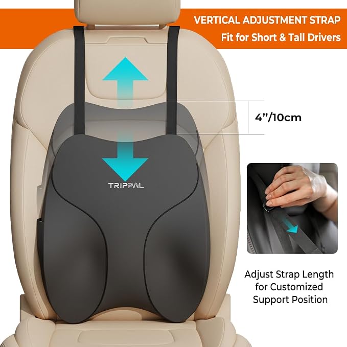 Adjustable Lumbar Support for Car: 4-Way Back Support | 3" thickness and 4" height adjustment helps target the right lower back spot for long-distance driving and truck drivers