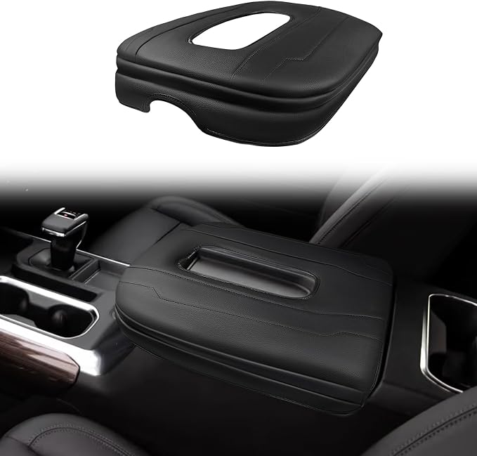 Muslogy Center Console Armrest Cover Fit for Chevy Silverado & GMC Sierra 1500 2500 3500 2022-2026 Accessories, Comfort Armrest Pad Console Lid Cushion Vegan Leather 1-Inch Extra Thick(Bucket Seat)