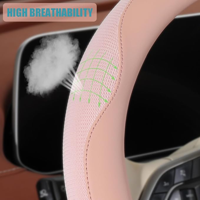 Nappa Leather Ice Silk Fabric Pink Steering Wheel Cover Women | Non-Slip Breathable Soft Car Accessories, Warm in Winter and Cool in Summer Universal 14.5 inch to 15 inch