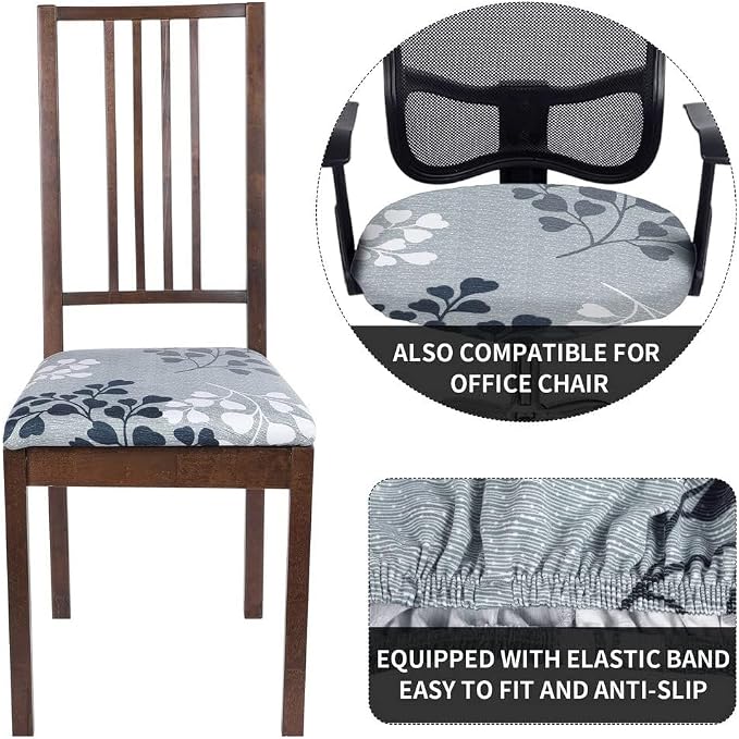 SearchI Seat Covers for Dining Room Chairs Stretch Printed Chair Seat Covers Set of 2, Removable Washable Upholstered Chair Seat Protector Cushion Slipcovers for Kitchen, Office(Leaves Pattern)
