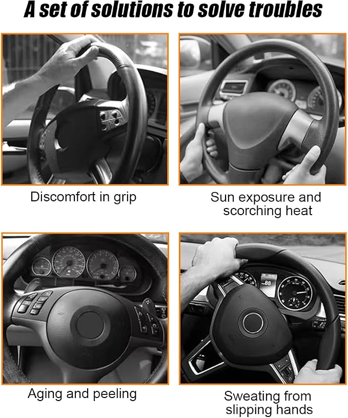 Carbon Fiber Car Steering Wheel Cover, Leather Breathable Automotive Wheel Protector, 15 Inch Anti-Slip Vehicle Interior Steering Accessories, Universal for SUV Truck Sedan (Black)