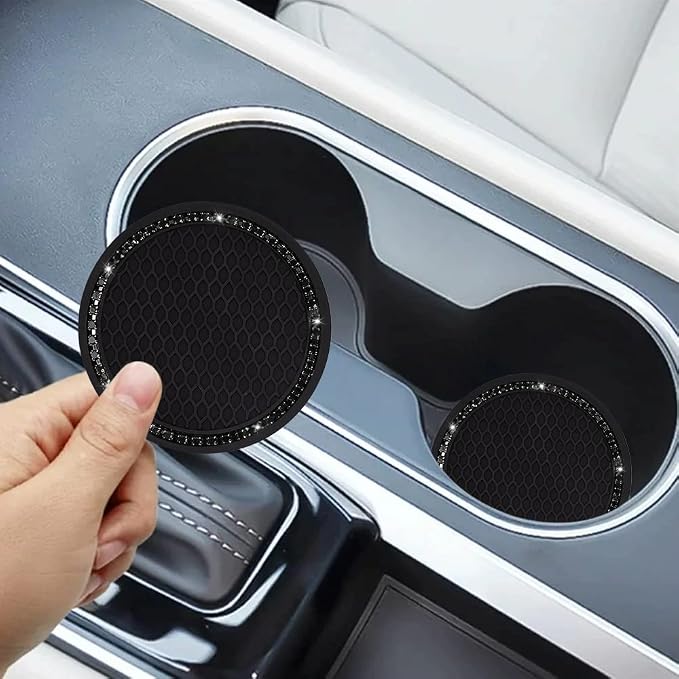 SUNCARACCL Car Cup Holder Coaster, 2 Pack Universal Bling Vehicle Insert (2.75" Diameter), Crystal Rhinestone Car Interior Accessories (Black with Black Diamond).