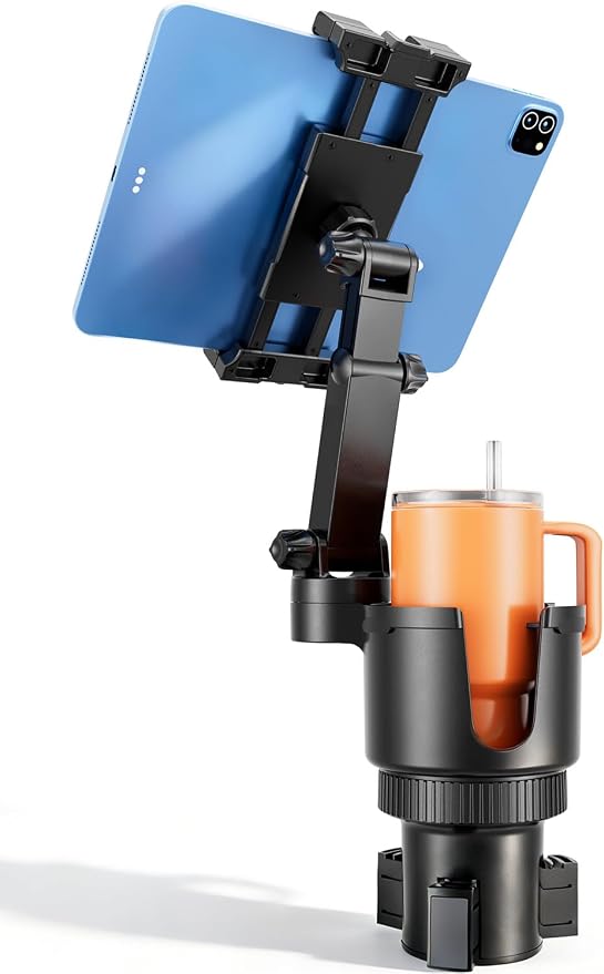 OHLPRO Cup Holder Tablet Mount for Car, Anti-Shake iPad Stand with Drink Holder Fits 5-17" iPad, Tab S10, iPhone, Heavy Duty Truck Vehicle Auto Accessories, Dual Handle Slots Large Mugs