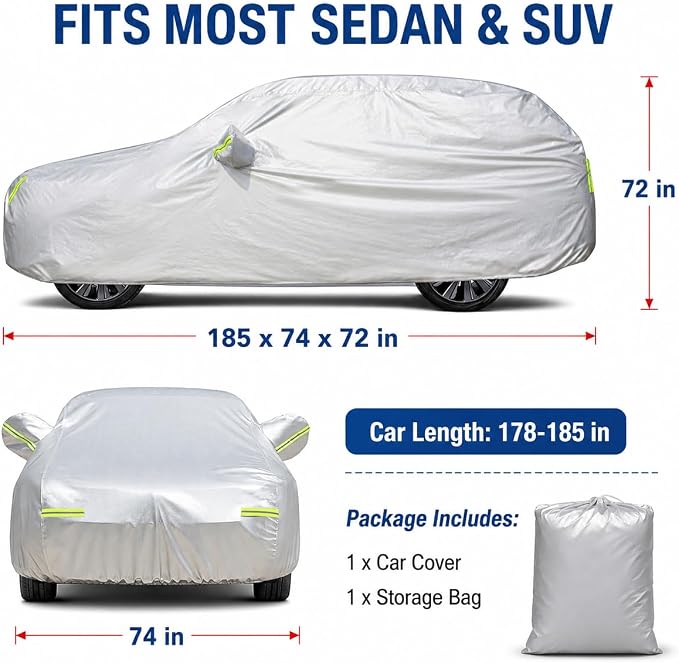 GXARTS 5-Layer Heavy Duty Car Cover for Sedans (185"L x 74"W x 60"H) | Waterproof Vinyl Outer,All-Weather Outdoor Indoor | Windproof Straps, Mirror Pockets, Door Zipper | UV Snow Rain Dust Protection