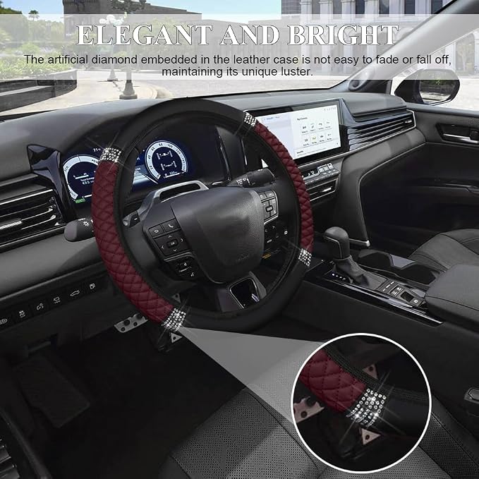 Bling Soft Leather Steering Wheel Cover, 15 Inch Colorful Rhinestones Auto Elastic Steering Wheel Protector for Women Girls, Car Accessories Anti Slip Steering Wheel Cover for Cars, SUVs (Wine red)