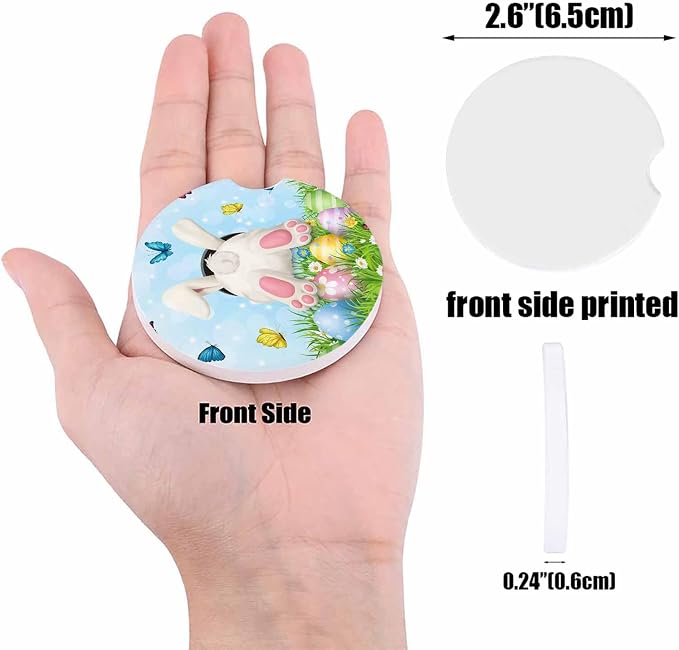 Small Car Coasters for Cup Holders 2.6" Dia Absorbent Coasters Set of 4 Car Interior Accessories for Women Men Watercolor Easter Bunny Butt in Grass Ceramic Car Coaster for Drinks with Finger Grooves