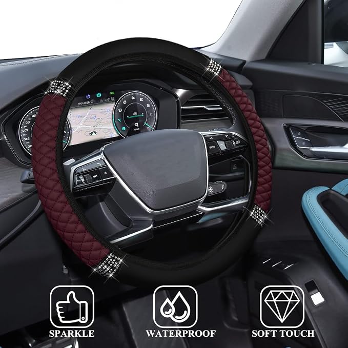 Bling Soft Leather Steering Wheel Cover, 15 Inch Colorful Rhinestones Auto Elastic Steering Wheel Protector for Women Girls, Car Accessories Anti Slip Steering Wheel Cover for Cars, SUVs (Wine red)