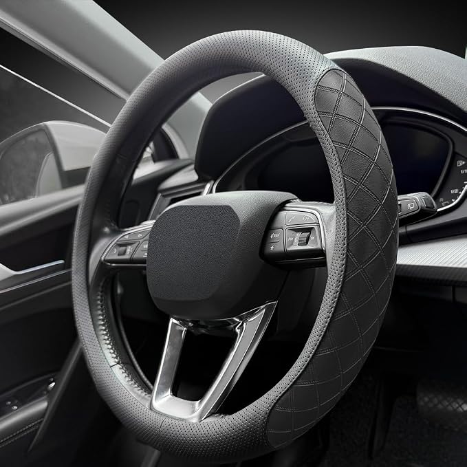 LKWLIKEI Nappa Leather Steering Wheel Cover, Elegant Diamond Checkered Design, Non-Slip wear-Resistant, Enhance Driving Comfort, Suitable for Steering Wheel Diameter 14 1/2‘-15’ Models.Black