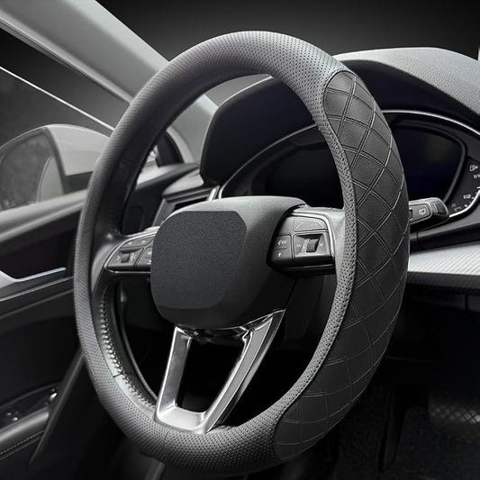 LKWLIKEI Nappa Leather Steering Wheel Cover, Elegant Diamond Checkered Design, Non-Slip wear-Resistant, Enhance Driving Comfort, Suitable for Steering Wheel Diameter 14 1/2‘-15’ Models.Black