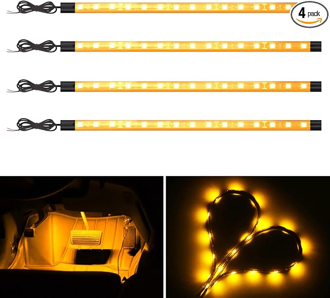 YM E-Bright Amber Yellow Underglow LED Strip Lights DC12V 4 Pack 11inch | IP67 Waterproof, 5050 SMD chips, fits car, motorcycle, boat, golf cart, scooter & bike for interior and exterior decoration