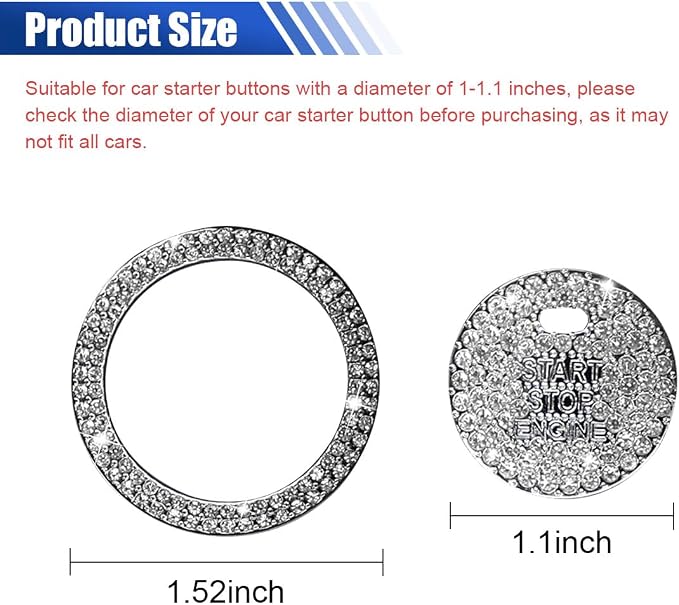 Bling Crystal Car Engine Start Ring Sticker, Sparkling Rhinestone Push Start Button Decorative Cover, Anti-Scratch Key Ignition & Knob Bling Ring Car Interior Accessories for Women (White2)