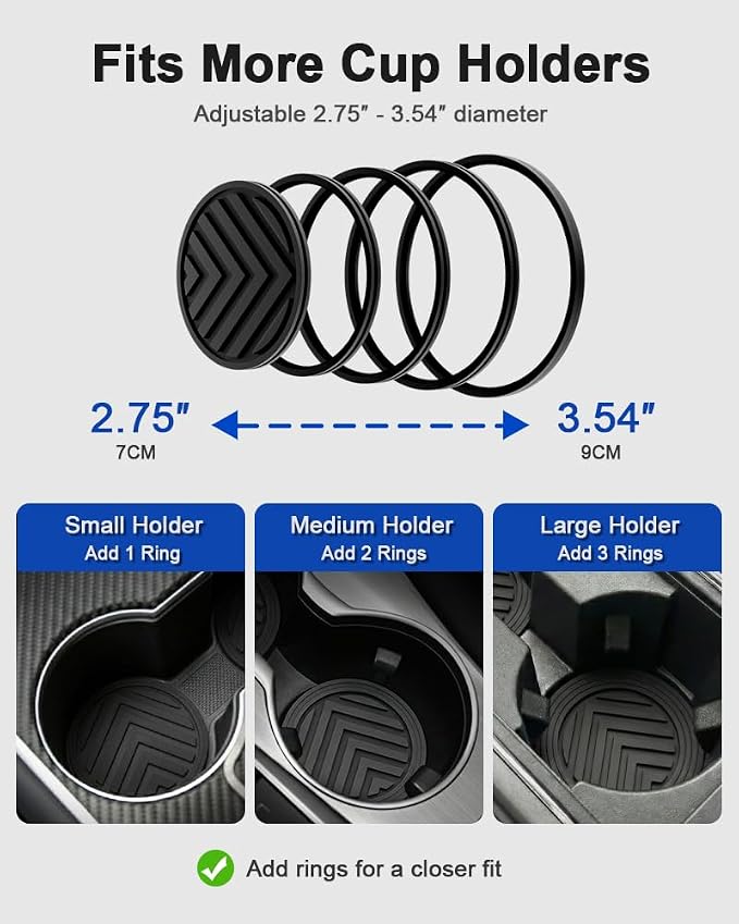 FitRing Adjustable Car Cup Holder Coasters, 2.75"–3.54" Adjustable Diameter, Silicone Coaster Upgrade Helps Reduce Side Gaps and Stay Put, 2-Pack
