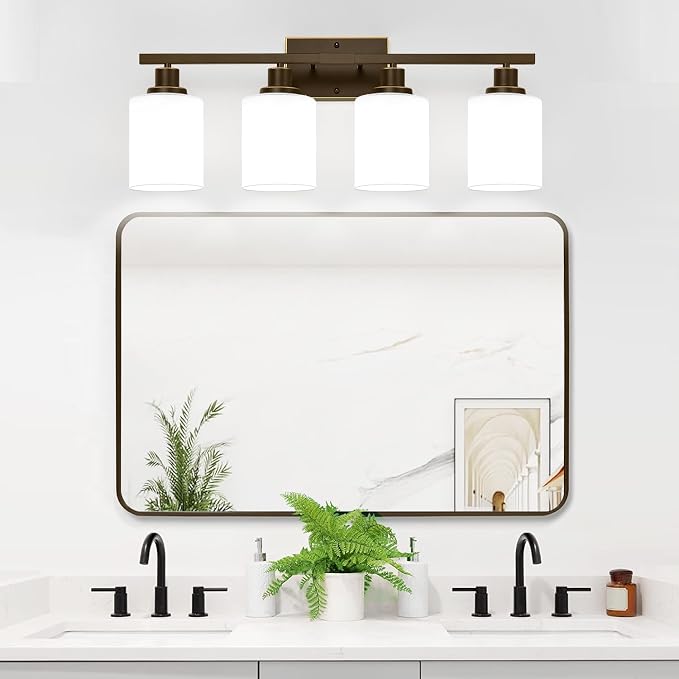 MOKATNG 4-Light Bathroom Light Fixtures, Vanity Light with Milky White Shades, Oil-Rubbed Bronze Bathroom Light Fixtures Over Mirror, Modern Bathroom Wall Lamp for Mirror Living Room Cabinet Bedroom