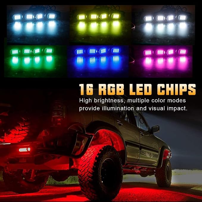 SUNPIE Rock Lights, 4 Pods RGB LED Rock Lights Underglow kit with APP/Remote Control & Music Mode, Waterproof Underglow Light kit for Car Jeep ATV UTV SUV Pickup Off Road RZR