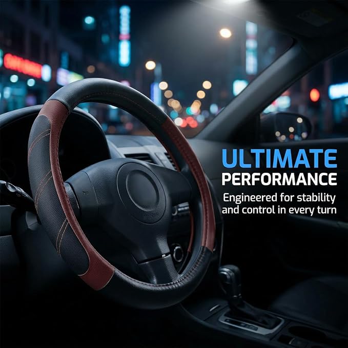 Osilly Car Steering Wheel Cover, 14.5-15" Leather Breathable Anti-Slip Stylish Steering Wheel Protector, Comfortable Auto Interior Decoration Accessories, Universal for SUV Van Truck (Black Wine Red)