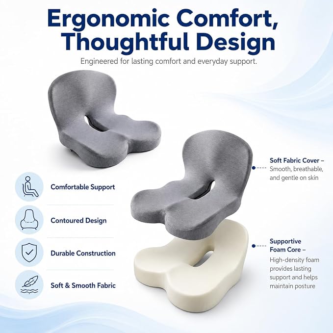 Orthopedic Memory Foam Car Seat Cushion for Sciatica & Back Pain Relief - Ergonomic Non-Slip Office Chair Cushion & Car Cushions for Long Driving with Lumbar Support, Universal Fit (Black)