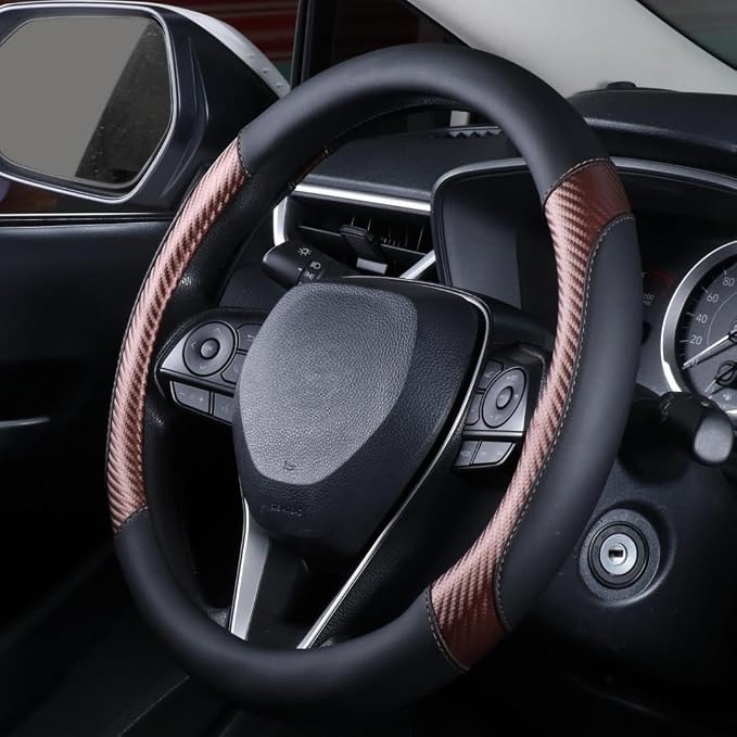 Brown Steering Wheel Cover - Carbon Fiber Texture and Premium Perforated Leather Sport Wrap with Odorless Rubber Non-Slip Inner, Universal Fit for Cars Trucks SUVS - 15 Inch (Brown)