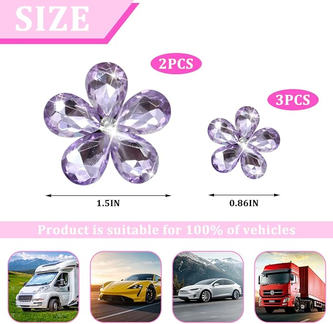 Zpana Bling Daisy Flower Car Air Vent Clips, 5PCS Sparkling Crystal Rhinestone Cute Vehicle Air Conditioning Clamp, Diamond Auto Air Outlet Clip Decor for Women Girls, Universal Fit (Purple)