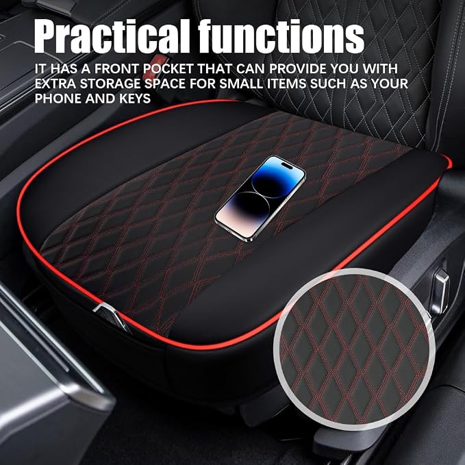 Leather Front Car Seat Cover, Anti-Slip Car Seat Bottom Covers, Full Wrapped Bottom Seat Protectors with Storage Pocket, Universal Comfortable Seat Cushion Fit Vehicles SUVs Trucks (Black Red)