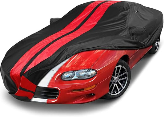 iCarCover Custom Car Cover Compatible with 1993-2002 Chevrolet Camaro STD, Z28, SS, Waterproof All Weather Rain Snow UV Sun Protector Full Exterior Indoor Outdoor Car Covers, Stripe (Black/Red)