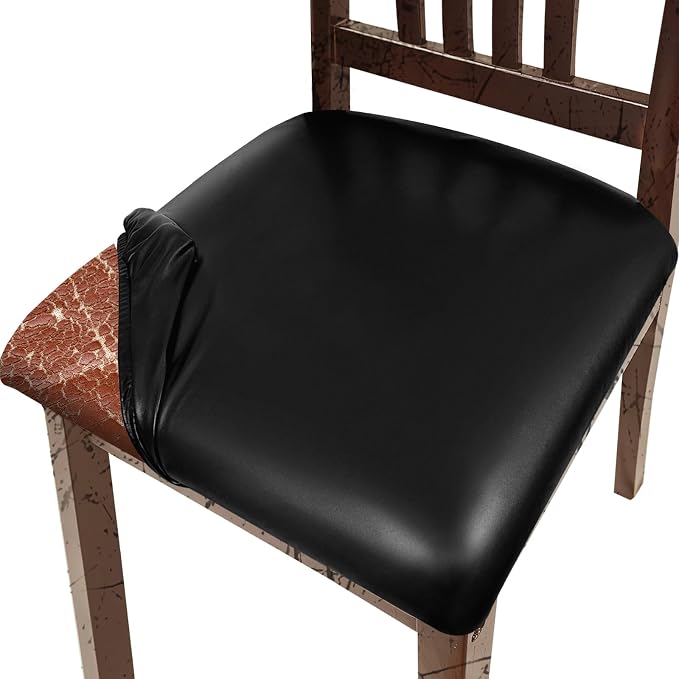 Pu Leather Dining Chair Seat Covers Set of 6, Waterproof Dining Seat Covers Stretch Chair Covers for Dining Chairs/Kitchen Room/Hotel, Odorless Seat Covers for Kitchen Chairs (Black - 6 PCS)