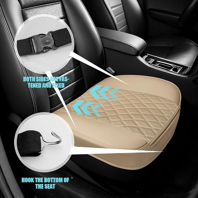 Leather Front Car Seat Cover, Anti-Slip Car Seat Bottom Covers, Full Wrapped Bottom Seat Protectors with Storage Pocket, Universal Comfortable Seat Cushion Fit Vehicles SUVs Trucks (Beige)