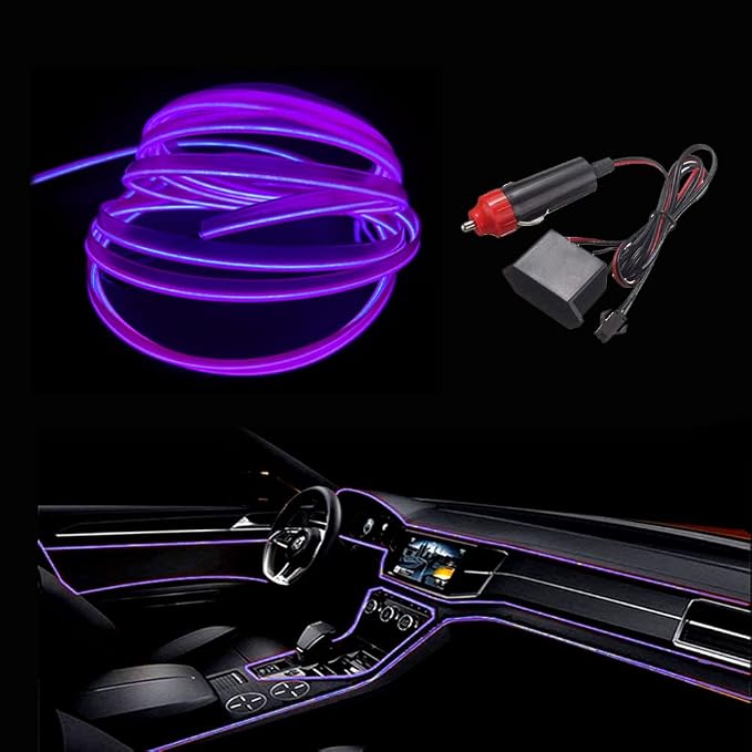 MaxLax El Wire Purple Interior Car LED Strip Lights, 10m neon Wire 12V with Fuse Protection for Automotive Car Interior Decoration with 6mm Sewing Edge