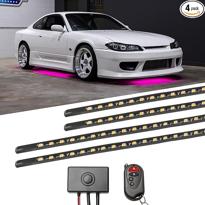 LEDGlow 4pc Pink Slimline LED Car Flexible Underglow Lighting Kit | Neon Accent Lights Include Flex Underbody Tubes, Solid Color Illumination, 4 Modes, Control Box & Remote