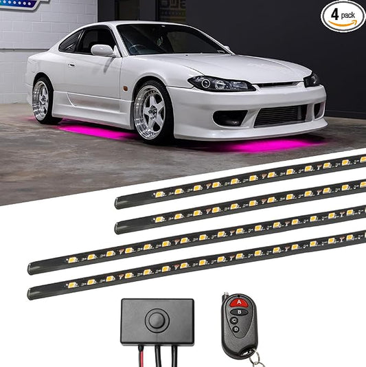 LEDGlow 4pc Pink Slimline LED Car Flexible Underglow Lighting Kit | Neon Accent Lights Include Flex Underbody Tubes, Solid Color Illumination, 4 Modes, Control Box & Remote