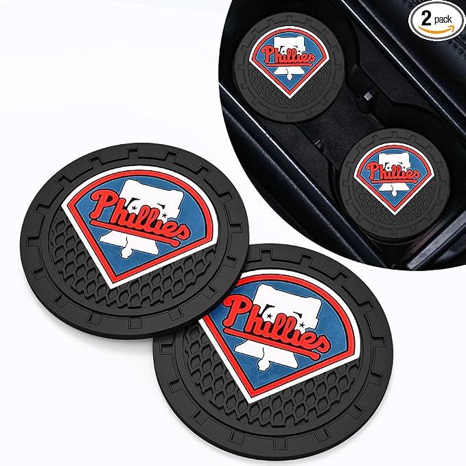 Baseball Fans Car Cup Holder Coasters for Phila Phillies Fans, 2 Pack Phillies Silicone Non-Slip Cup Mats, 2.75" Car Cup Holder Inserts for Auto Interior