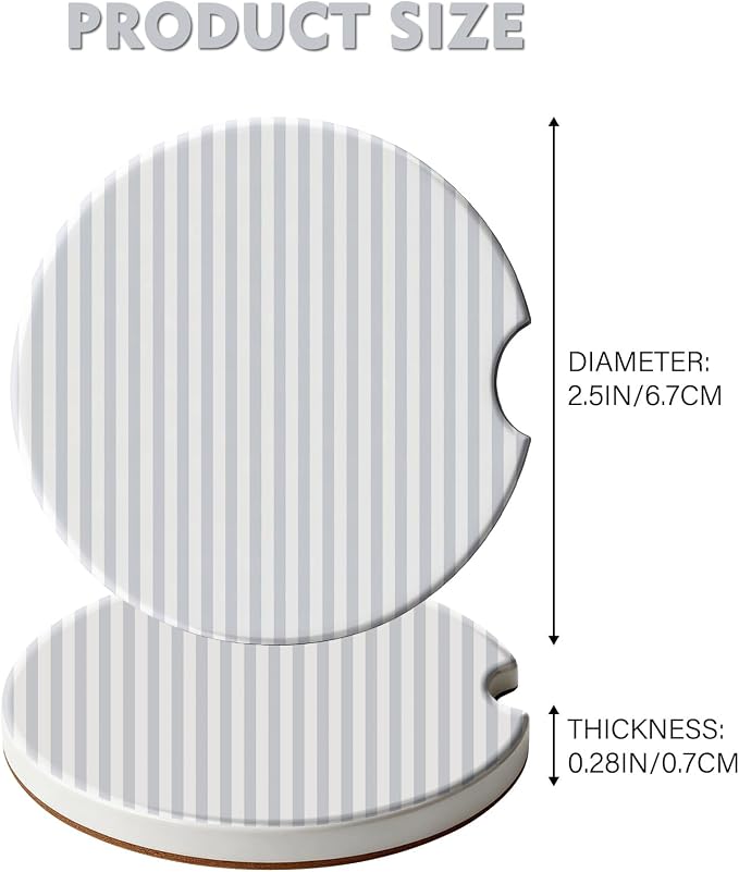 2 Pack Car Coasters for Cup Holders, Absorbent Ceramic Cup Coaster with Cork Base and Finger Notch, Cute Car Accessories Interior for Women Men (Gray Stripes)