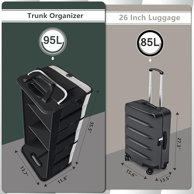 AOPHY Trunk Organizer - 95L Extra Large Capacity SUV Cargo Storage, Collapsible Waterproof Design with Non-Slip Bottom & Retractable Straps, Car Organizers for SUV, Truck, Sedan