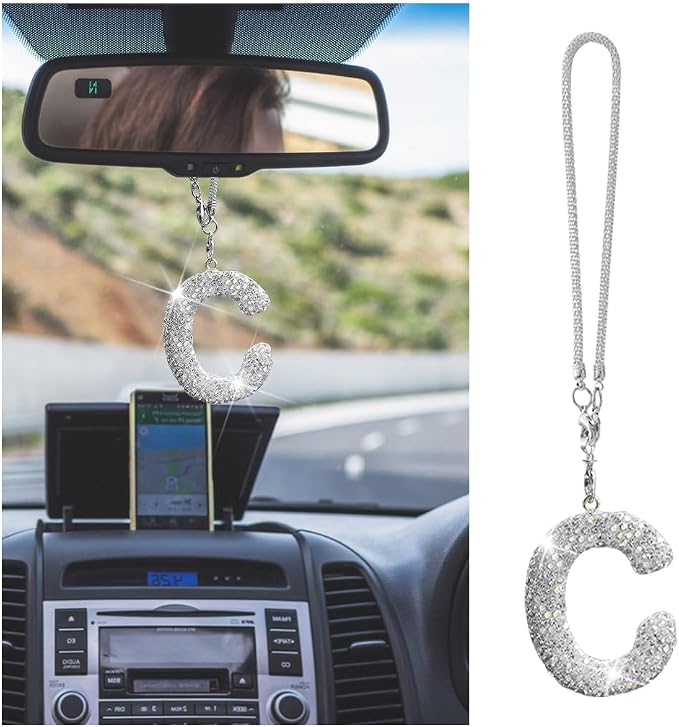Bling Car Rear View Mirror Letter Charm, Crystal Rhinestone Rear View Mirror Hanging Ornament, Automotive Interior Rearview Mirrors Decoration Accessories, Universal for Vehicles(C)