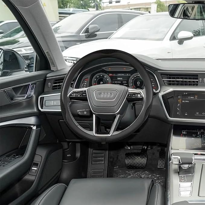 38cm Car Steering Wheel Cover, Universal 15 inch, Microfiber Breathable Ice Silk,Warm in Winter and Cool in Summer, Anti-Slip, Odorless, Easy to Install