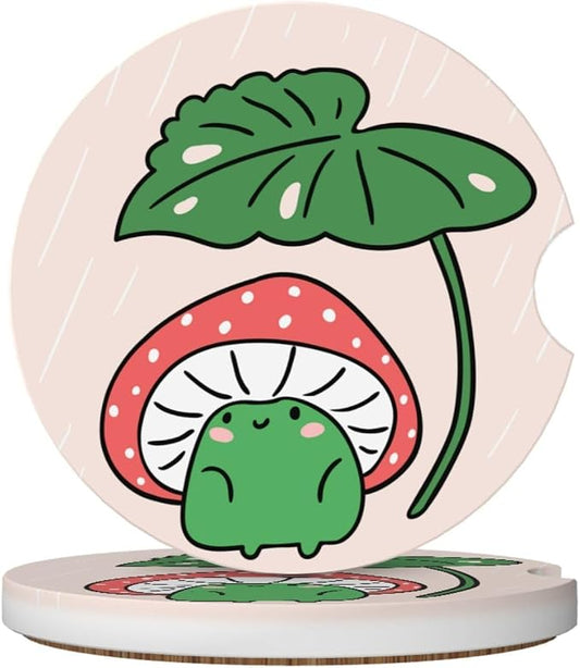 Cartoon Mushroom Frog Car Coasters for Cup Holders,2 Pack Car Cup Holder Coasters for Car,Ceramic Absorbent Car Coaster with A Finger Notch and Cork Base,Car Interior Accessories for Women Men