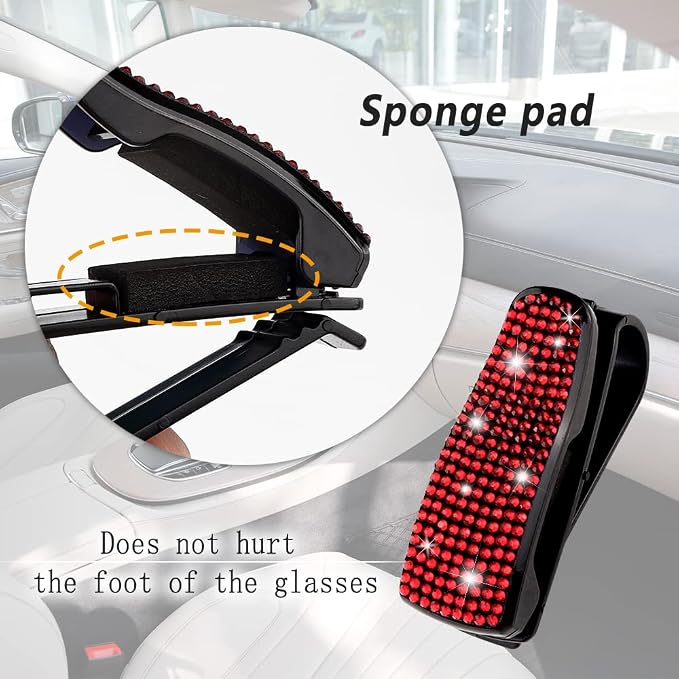 2PCS Bling Rhinestone Car Sun Visor Glasses Holders W/Anti-Scratch Sponge | Car Decoration for Women Girls,Ticket Card Clip Visor Organizer,Universal Rhinestone Auto Accessories
