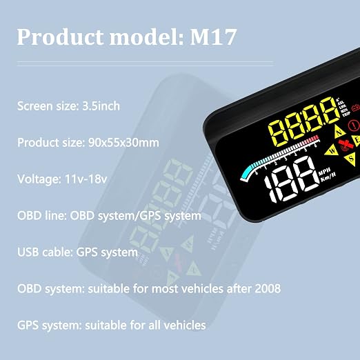 Liiiyuan HUD M17,Heads up display OBD2 and GPS Dual System Speedometer for Car, Digital Speedometer with Speed, Travel Direction, and Overspeed Alarm, Fatigue Driving Alarm，Suitable for All car