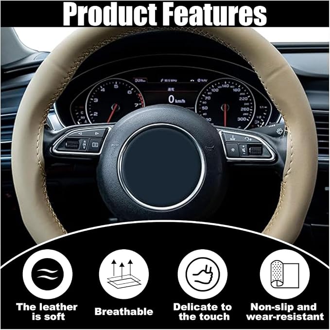 Car Genuine Leather Steering Wheel Cover, DIY Sewing with Needle and Thread, Breathable, and Anti-Slip, Universal 15 Inch Car Steering Wheel Stitching Wrap (Beige, Glossy)