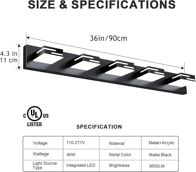 LED Modern Bathroom Vanity Light Fixtures, Dimmable Matte Black Vanity Lights for Bathroom Lighting Fixtures Over Mirror, with 360° Rotatable Acrylic Heads 5-Light 36-inch 5CCT