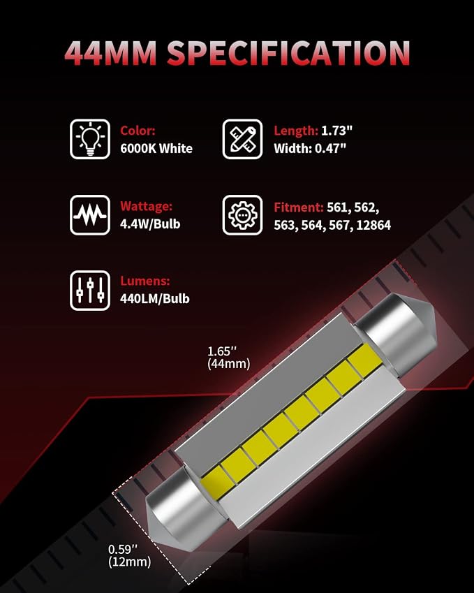 LASFIT 44mm LED Bulb Festoon 561 562 564 567 Bulb Canbus Error Free 400LM 6000K Extremely Bright Use for Trunk Cargo Light, License Plate Bulbs, Xenon White Upgraded(Pack of 2)