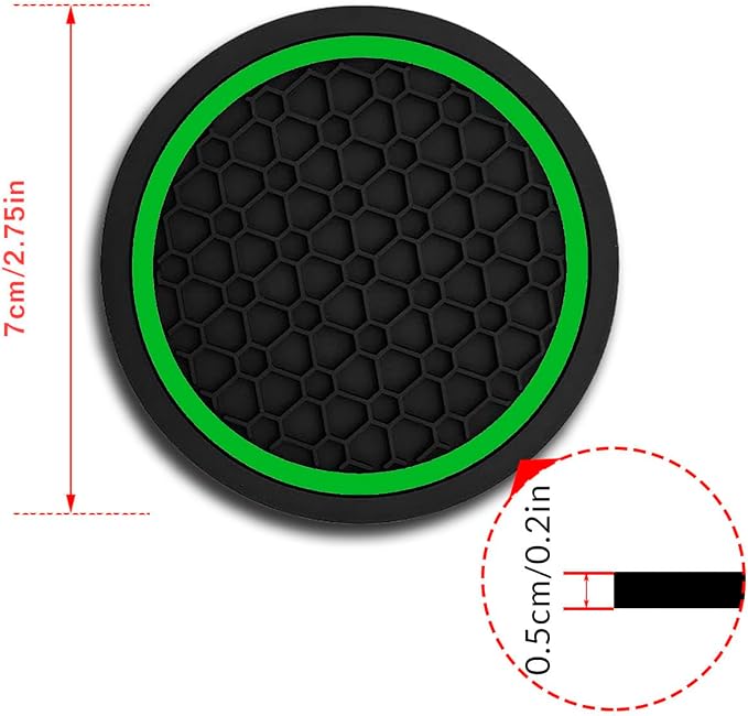 Car Cup Holder Coasters, Dustproof Automotive Interior Accessories Mat,2.75 Inch Non-Slip Insert Water Bottle Holder Pads, Universal for Vehicles, Trucks, RVs and More (Black/Green, 2PCS)