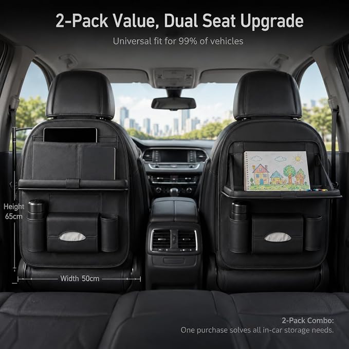 2 Pack Leather Look Car Backseat Organizer with Tablet Holder, Foldable Tray, 8 Storage Pockets, Cup Holder, Tissue and Umbrella Slots, Seat Back Protector Kick Mat for Cars SUVs Trucks
